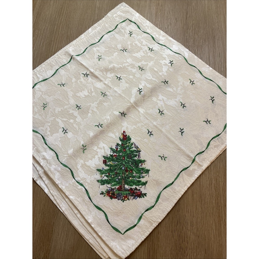 Spode Christmas Tree Cloth Napkins set of 6 Ivory Damask Green Ribbon